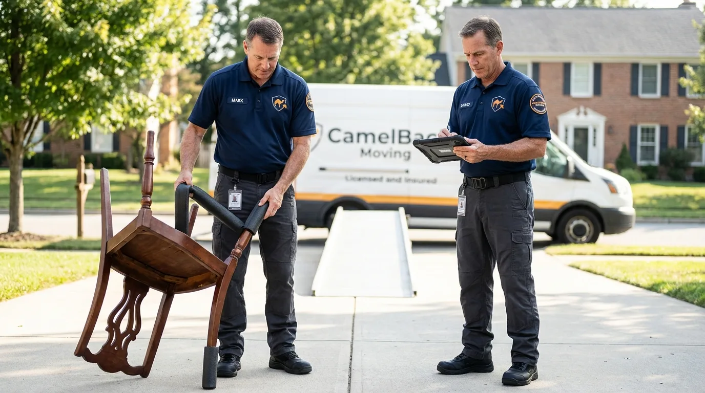 Movers inspecting furniture for damage prevention before loading in Spring City, UT