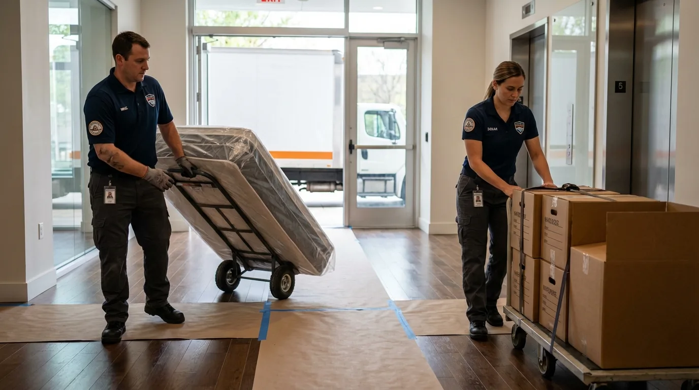 Professional apartment movers loading elevator in Spring City, UT